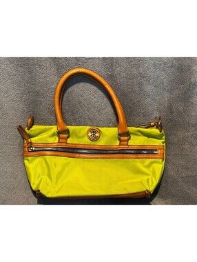 Tommy Hilfiger Lime Green Nylon Satchel Handbag Tan Leather Trim Gold Medallion